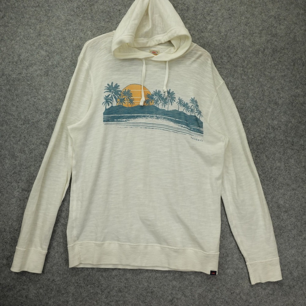 Cream Slub Cotton Hoodie FAHERTY Men L Palm Trees Sunset Graphic Beach Surf PERU